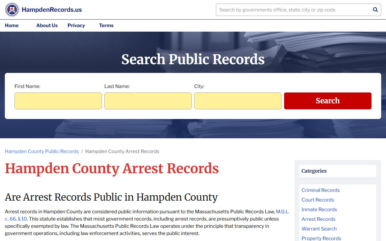 Hampden County arrest records information and search resources
