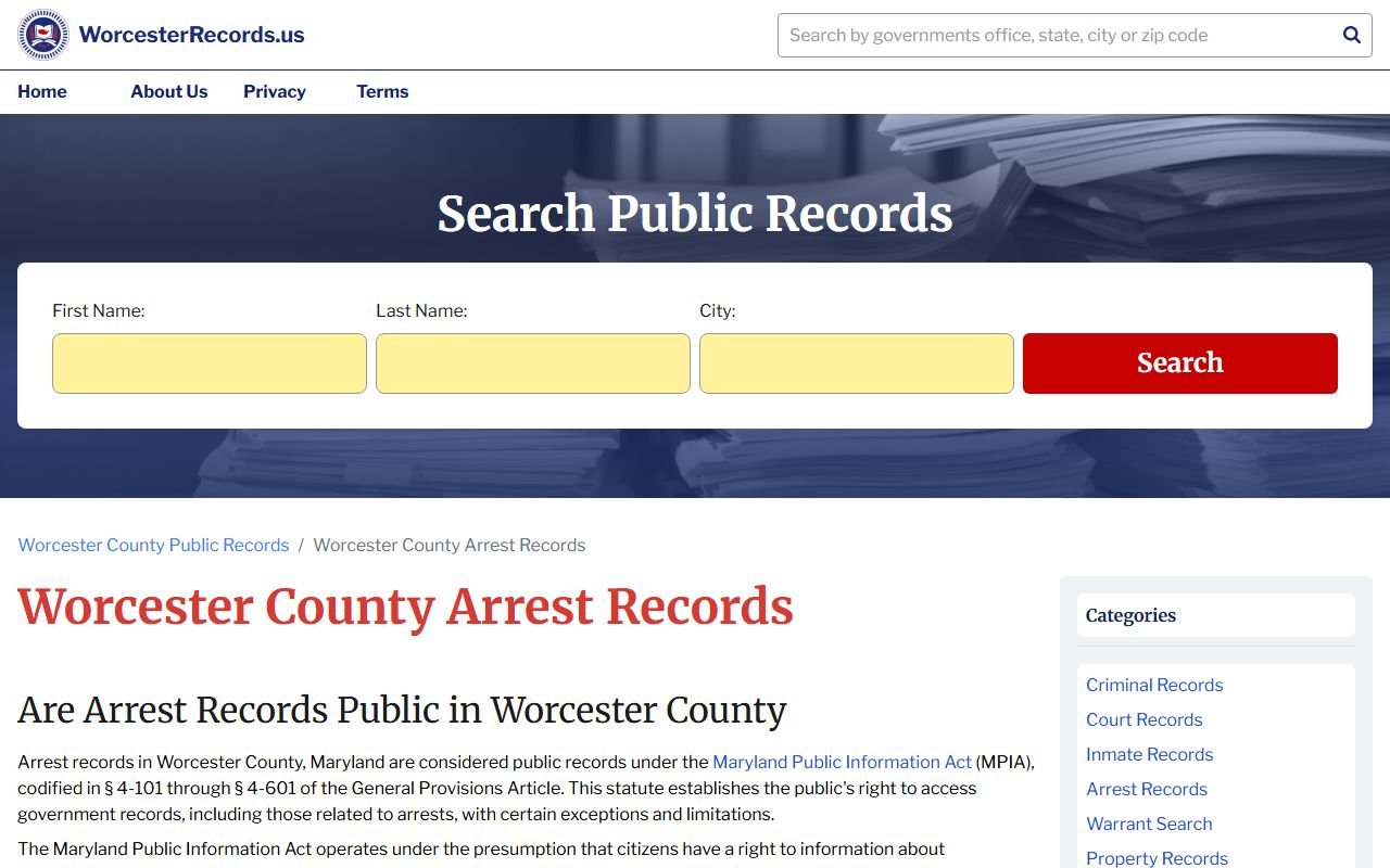 Worcester County arrest records information and access guide