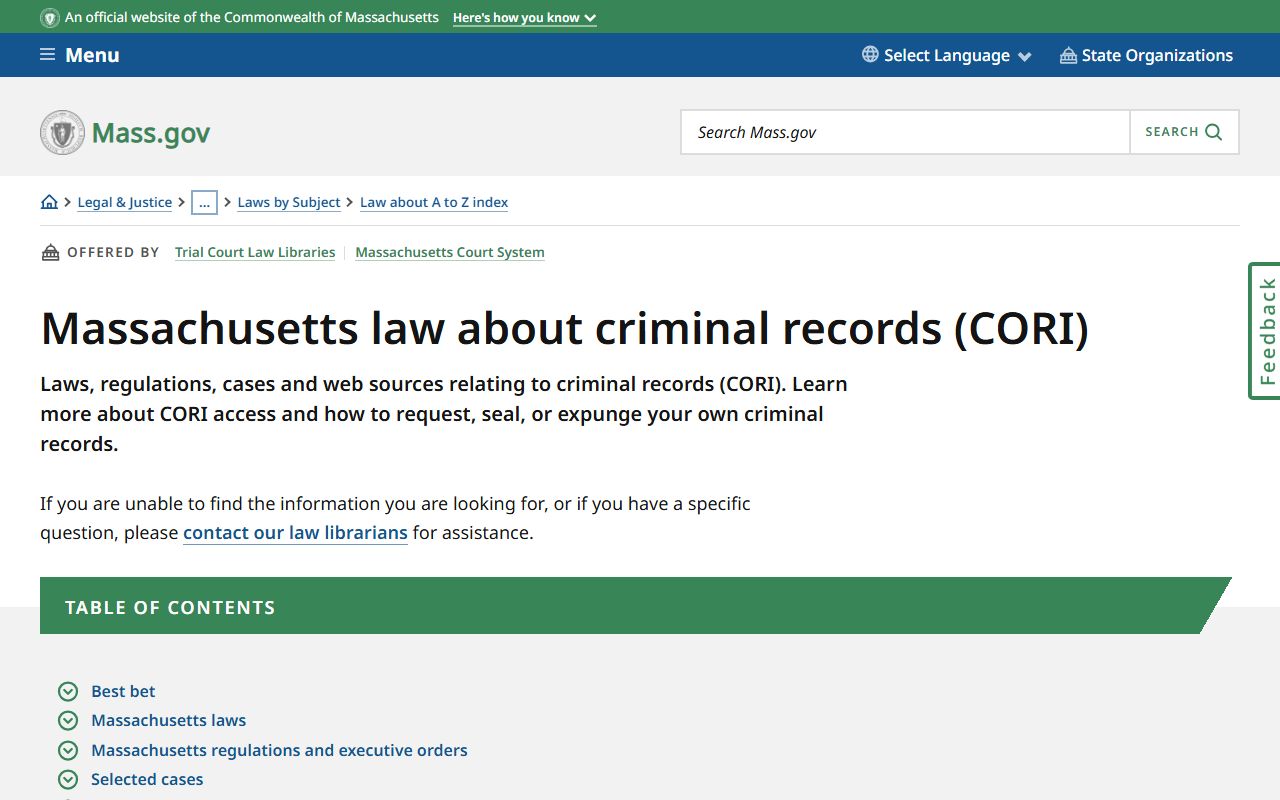 Massachusetts CORI laws and criminal record information page