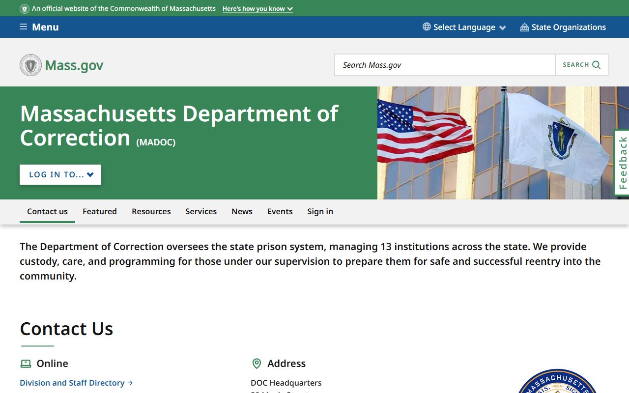 Massachusetts Department of Correction inmate search page