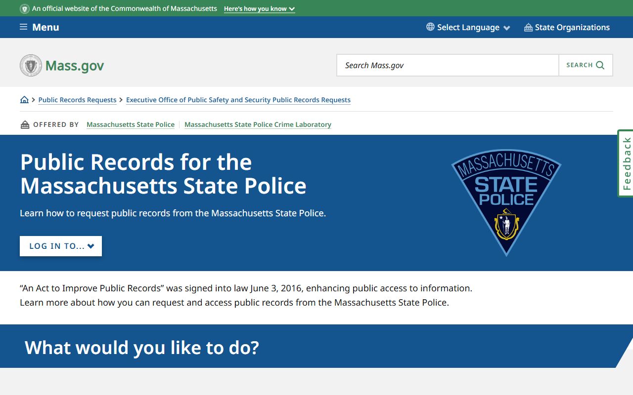 Massachusetts State Police public records request portal